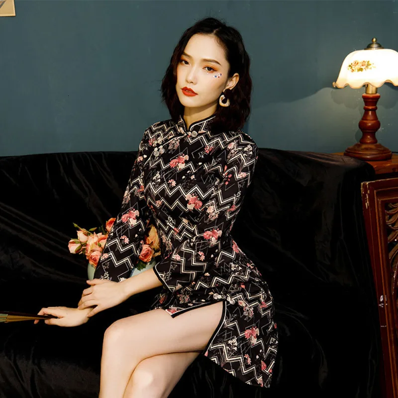 Sheng Coco мини сексуальное Полосатое платье Qipao с длинными рукавами Черное Чонсам с принтом из бархата с защитой для женщин новинка дизайн Китай Qi