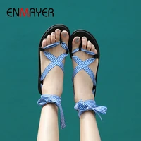 enmayer 2020 genuine leather gladiator women sandals casual lace up shoes woman ankle strap narrow band fashion women shoes