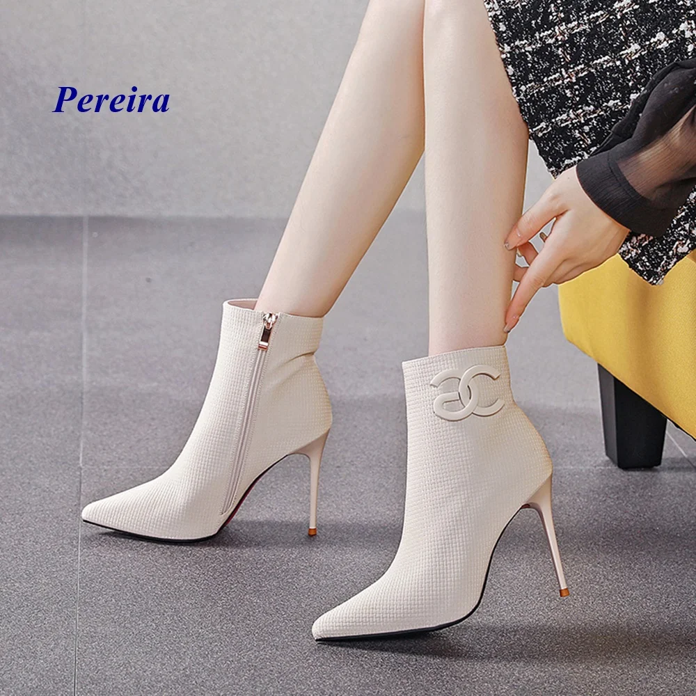 

Pointed Toe Woven Pattern Metal Boots Thin Heel Ankle Zipper Boots Casual Sexy Slim Winter New Arrival Hot Sale High Quality