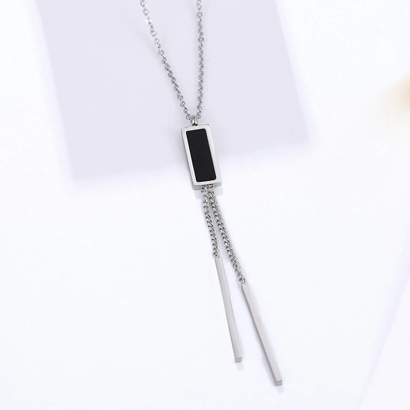 New Arrival Elegant Black Square Hanging Double Chain Pendant Necklace for Women Jewelry Stainless Steel Gold plating | Украшения и