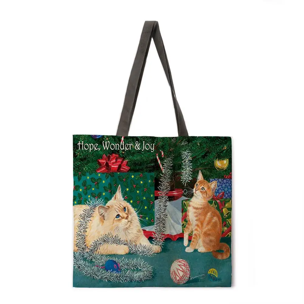 

Christmas cat print tote bag linen fabric bag casual folding shopping bag outdoor beach bag everyday handbag