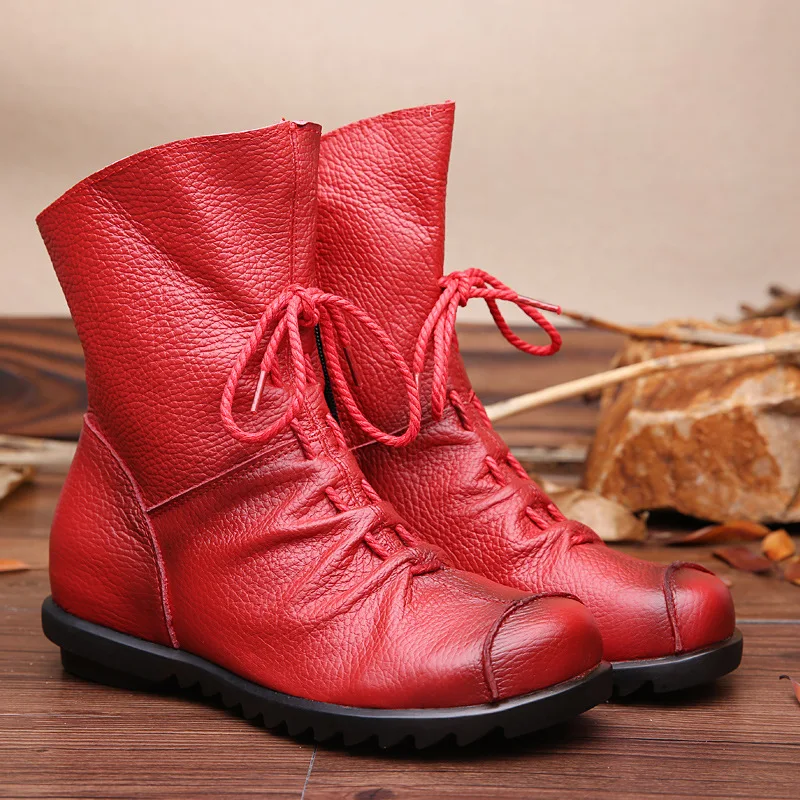 

Autumn Retro Genuine Leather Plush Women's Short Boots Casual Women's Boots Waterproof Leather Warm Winter Snow Boots Women