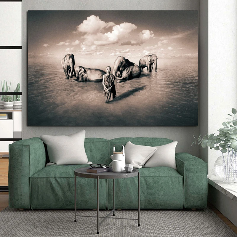 Будда человек и нутива Зен слон религия искусство холст живопись Настенная