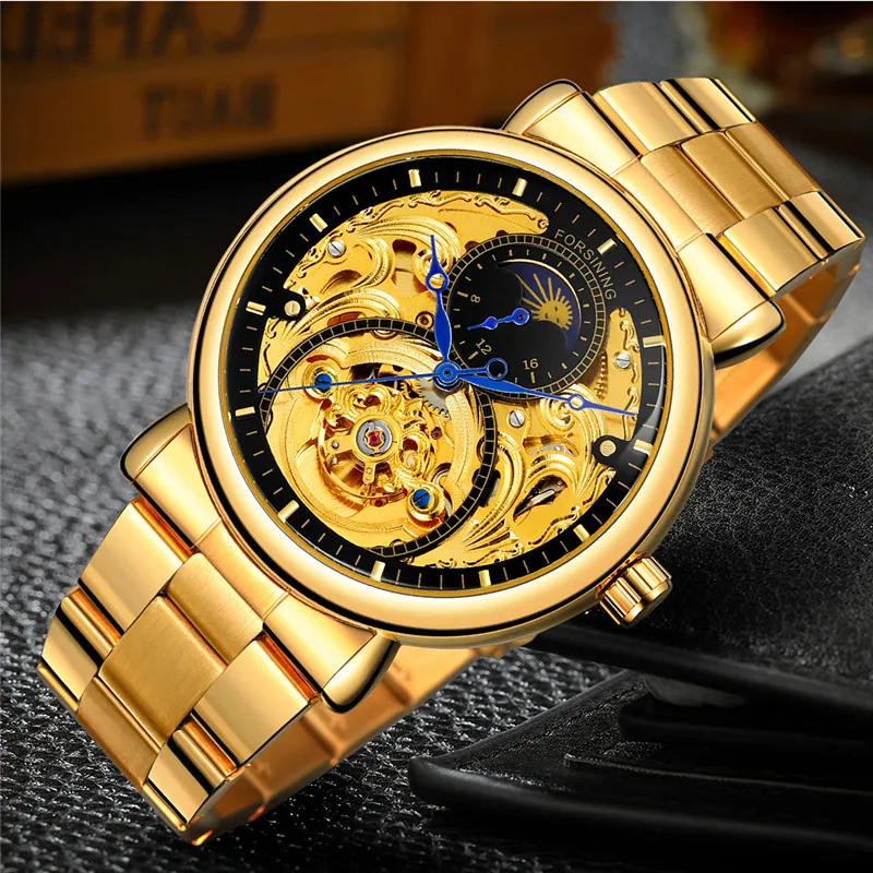 Часы наручные FORSINING Мужские механические автоматические спортивные золотистые