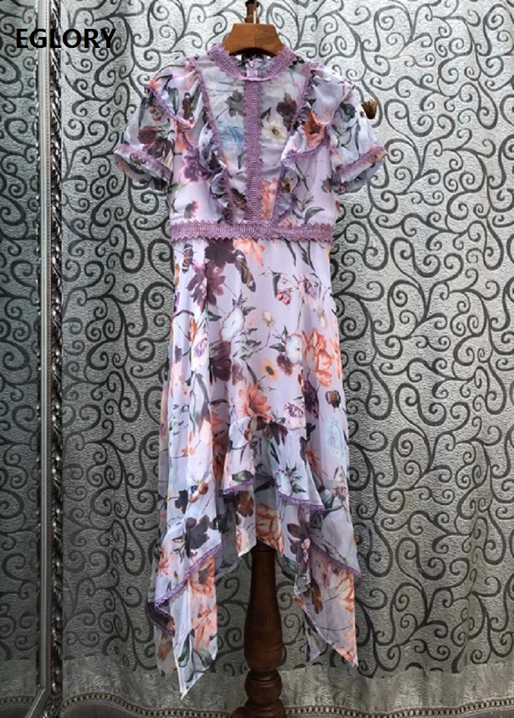 

2020 Summer Fashion Runway Style Dress Women Elegant Flower Print Purple Lace Patchwork Short Sleeve Sexy Asymmetrical Dress
