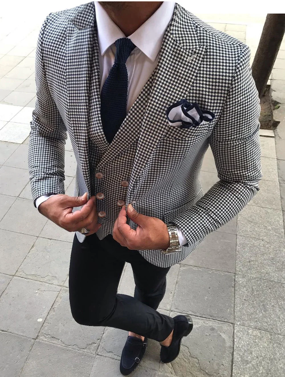 White Men's Suits Formal 3 Pieces Plaid Fashion Notched Lapel Tuxedos Wedding Groomsmen Suits Men 2019 ( Jacket + Vest + Pants )