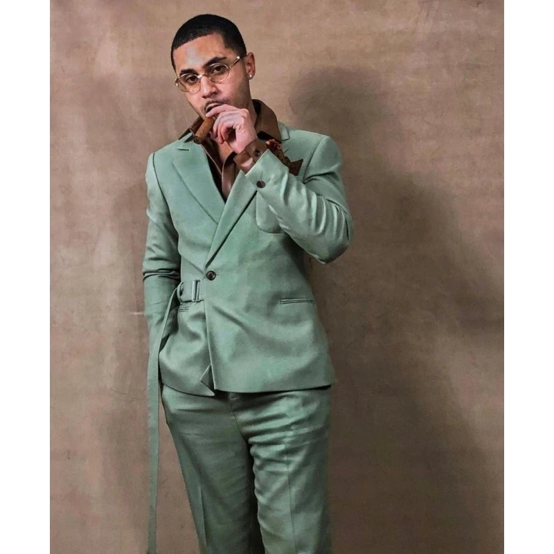 

2 Pieces Unique Men Suits With Belt Costume Homme Notch Lapel Prom Slim Fit Tuxedo Wedding Groom Terno Masculino Blazer 179