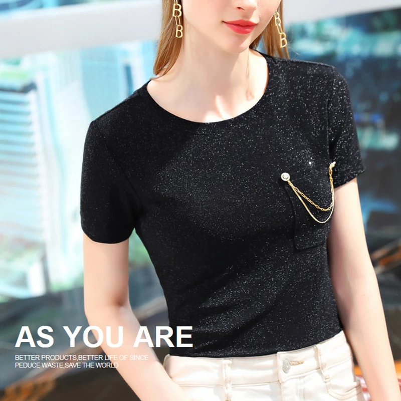 

Bright Silk Casual Short-sleeved Summer New Women's Pocket Chain Round Neck T-shirt Design Sense Of thin Section Was Thin Top