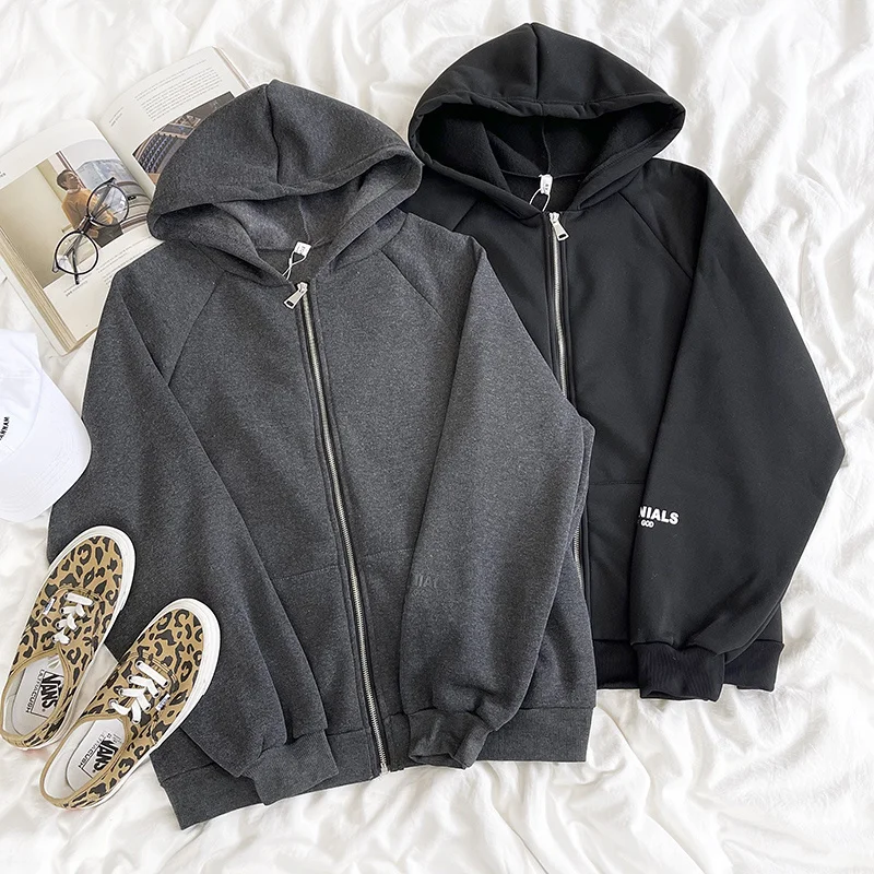 

Letter Graphic Sleeve Detailed Dual Pocket Zipper Up Gray Hoodies