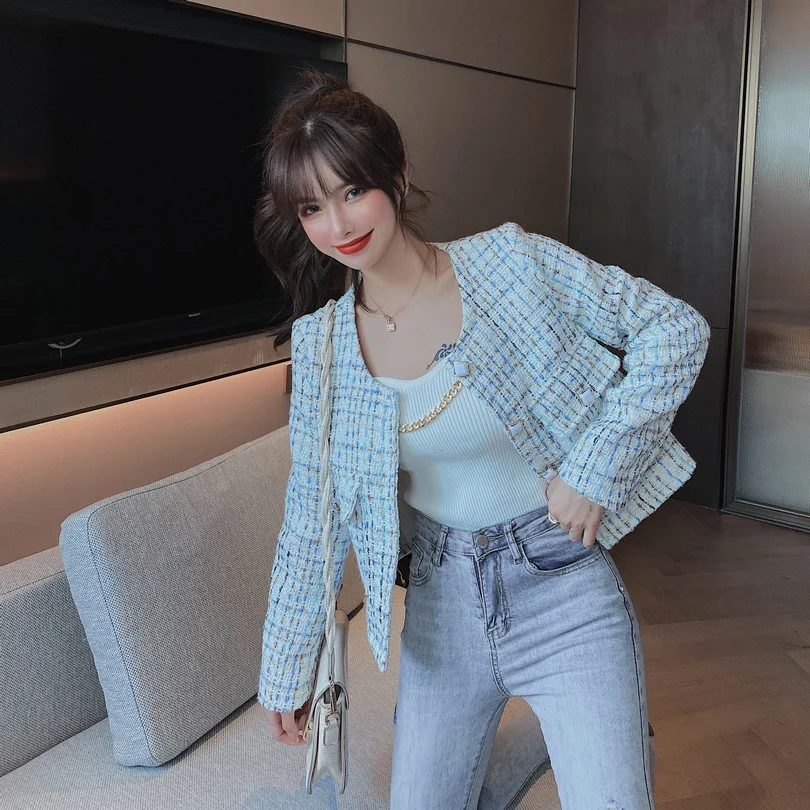 Женский твидовый укороченный топ модный ретро-топ с круглым вырезом в