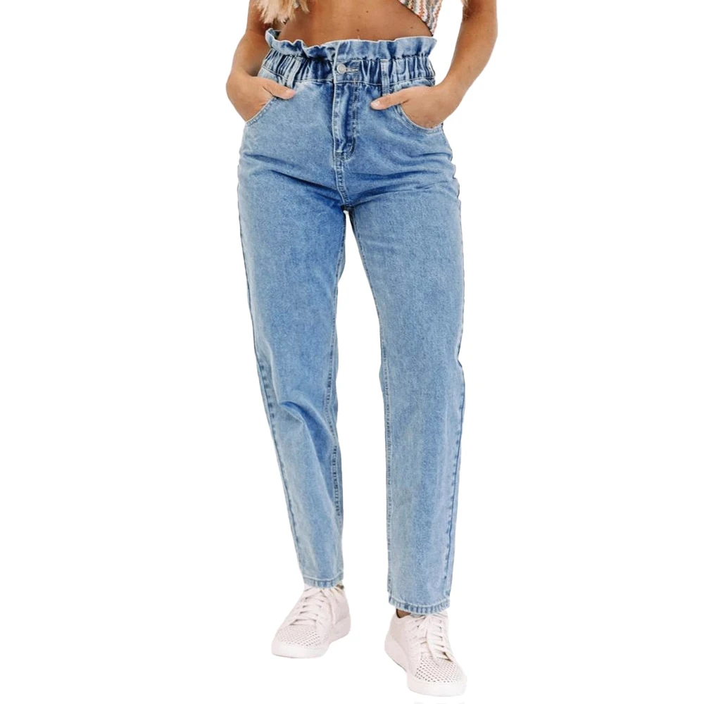 

Women Casual Fashion Denim Pants Straight High Waist Blue Ankle-Length Jeans 2021 Lady Soild Color Elastic Pockets Trousers â€‹D30
