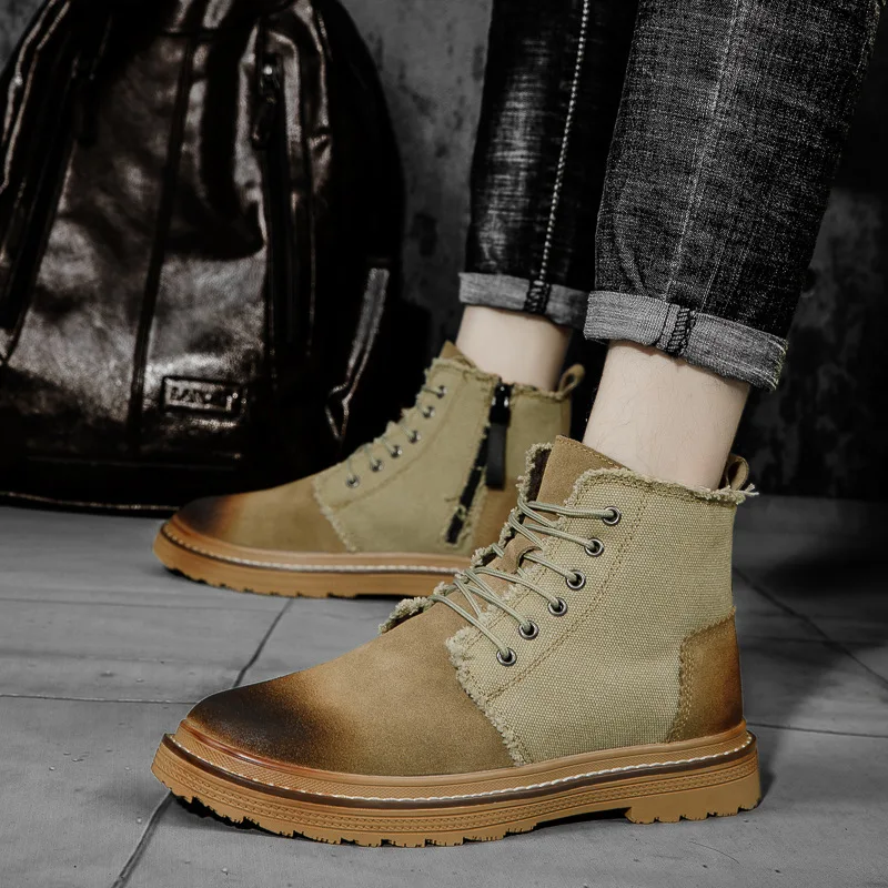

autumn and winter high top leather boots British style tooling boots men's casual Korean retro velvet men's shoes