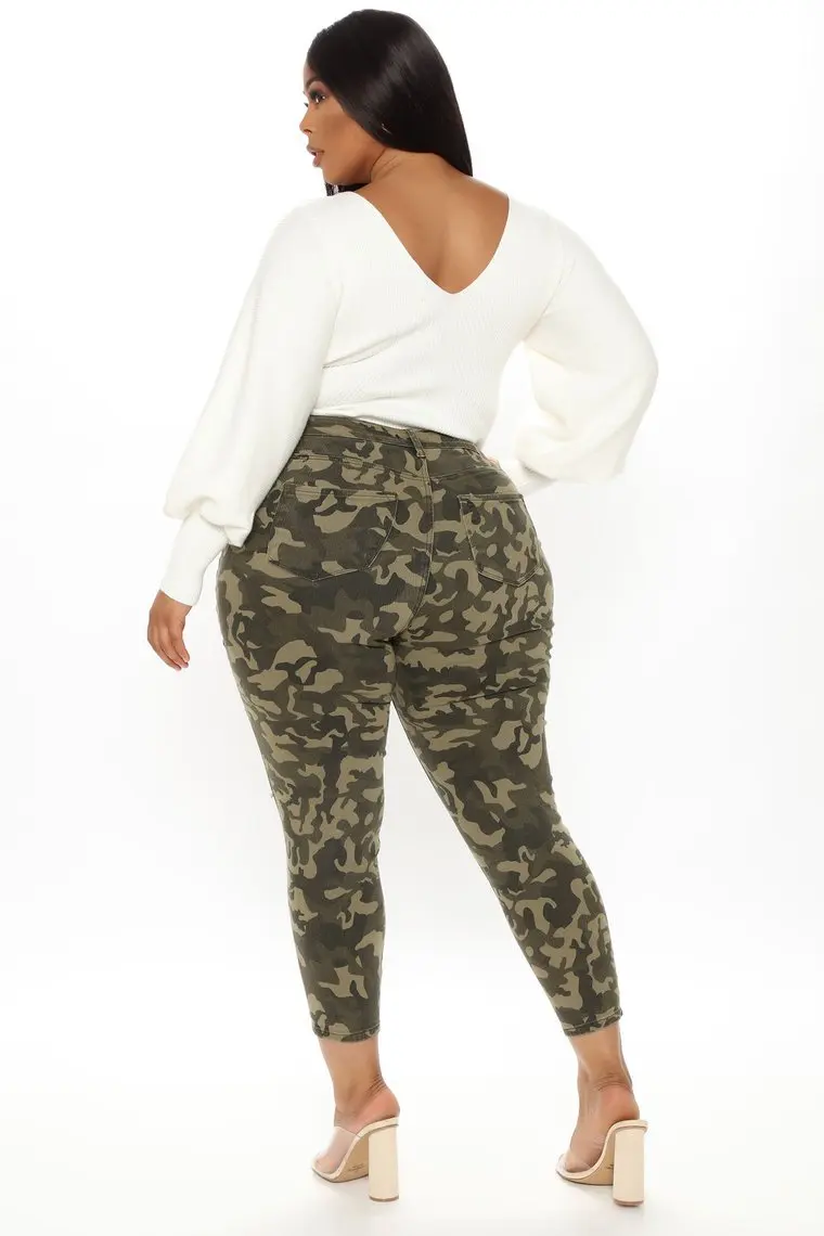 

Plus Size L-5XL Camouflage Printing Lady High Waist Jeans Autumn Streetwear Women Skinny Hollow Out Ripped Denim Pencil Pants