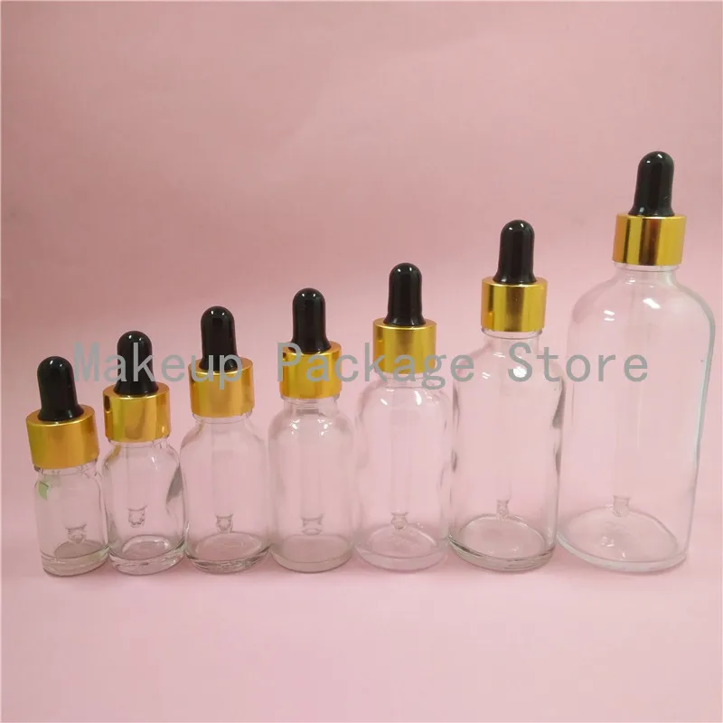 Прозрачный стеклянный базовый контейнер бутылочки для масла с золотым и белым