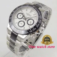 39mm parnis luxury quartz white black watch men waterproof 24 hours chronograph luminous stainless steel strap