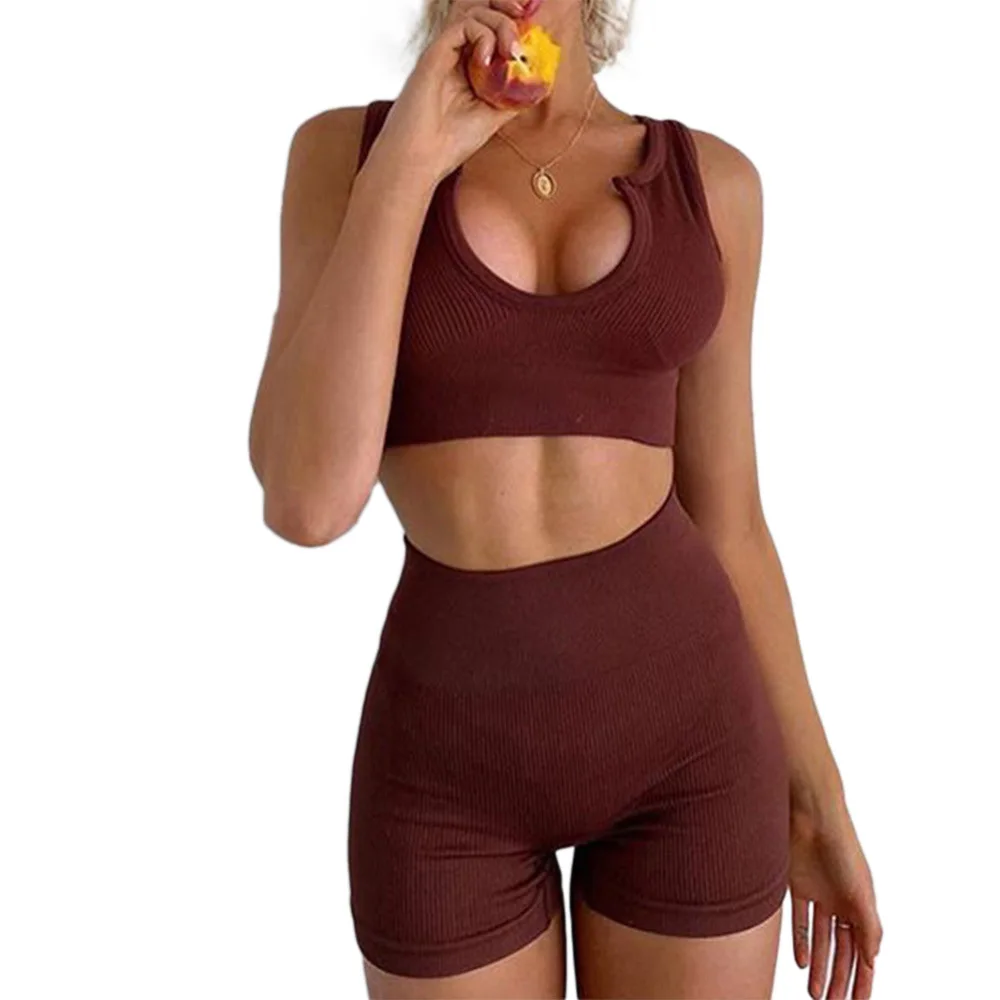 

2021 Two Piece Seamless Yoga Set Sexy Sport Shorts Sets Gym Summer Workout Clothes for Women Sportswear Fitness U-neck Bra Suit