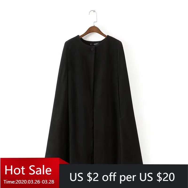 Женский винтажный плащ с пуговицами Apperloth черный длинный шерстяной без рукавов