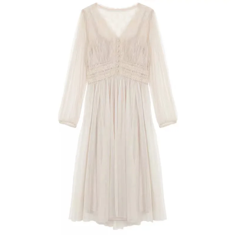 

AL 2021 Summer French Chiffon First Love Gentle Sweet Lovely Net Gauze Sen Collection Waist Long Skirt Temperament Fairy Dress