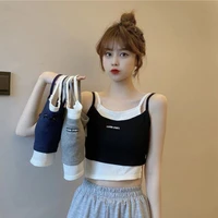 sexy exposed navel fake two piece bottomed knitted suspender vest womens spring and summer sleeveless short top inside and