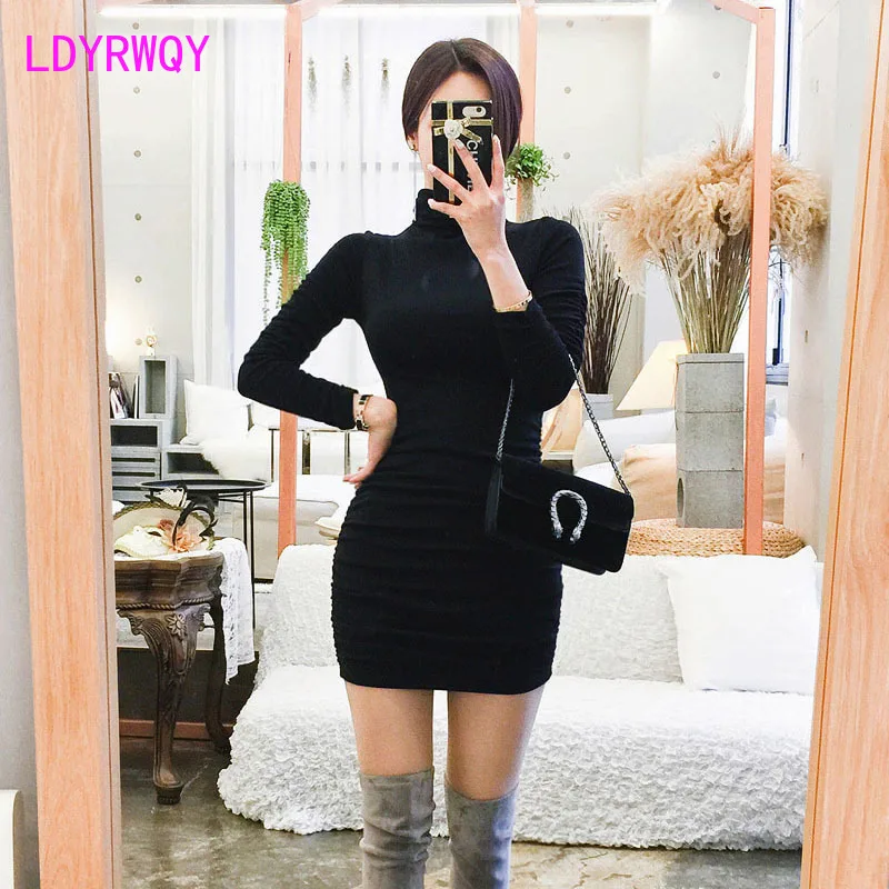 

2020 winter new folds show thin sexy tight elastic bottoming dress Knee-Length Solid Sheath Turtleneck Natural