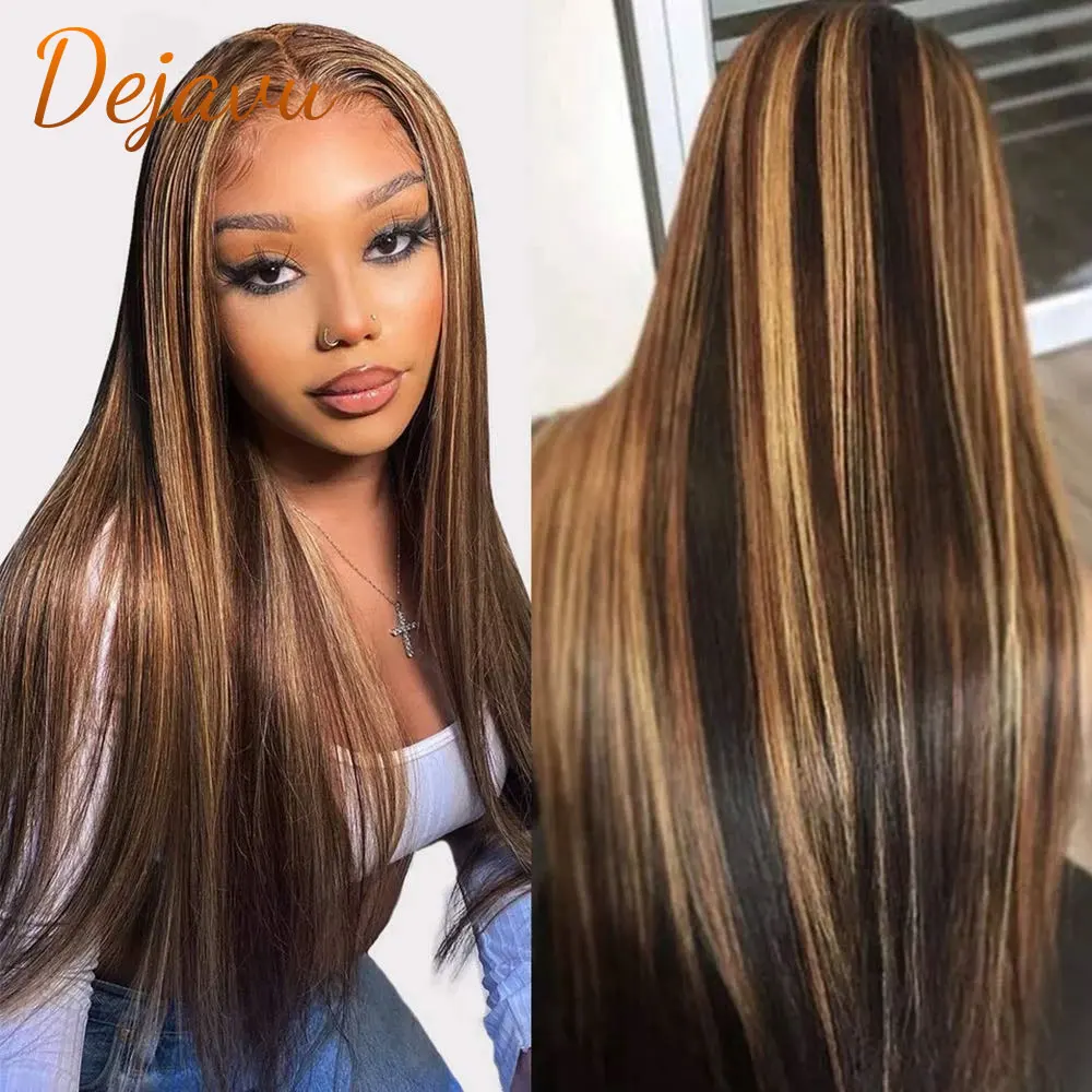 

Lace Front Human Hair Wigs P4/27 Highlight Straight Lace Frontal Wig Honey Blonde Brown Wig Prepluck Remy Brazilian 180 Density