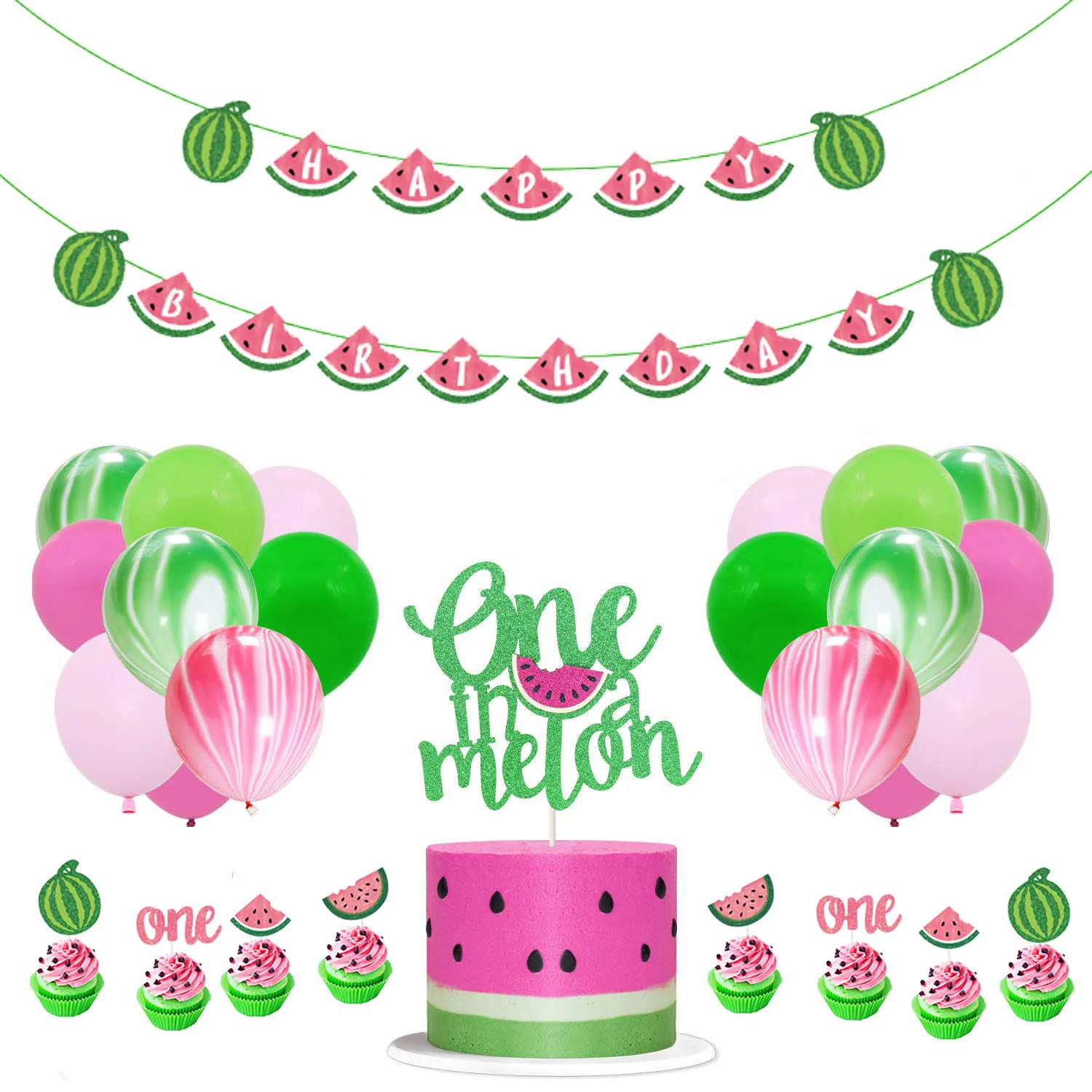 

Pink Green Watermelon Theme Balloon Set with Happy Birthday Banner One Melon Cake Topper for Girl 1st Birthday Party Decoration