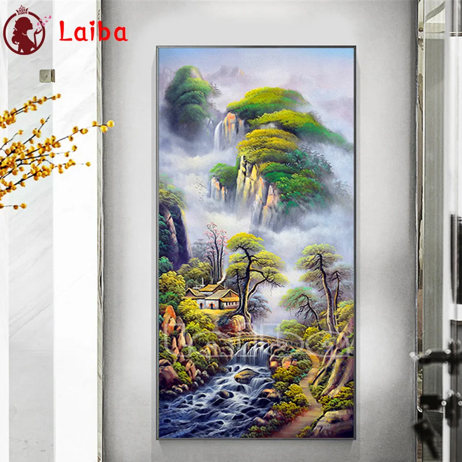 

Large diamond painting embroidery waterfall house Landscape painting natural scenery mosaic square round 5D Handicrafts decor