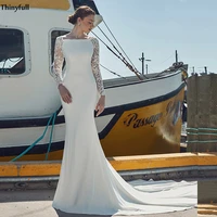 thinyfull beach mermaid wedding dresses button lace appliques boho bridal gowns long sleeves illusion bride dress abito da sposa
