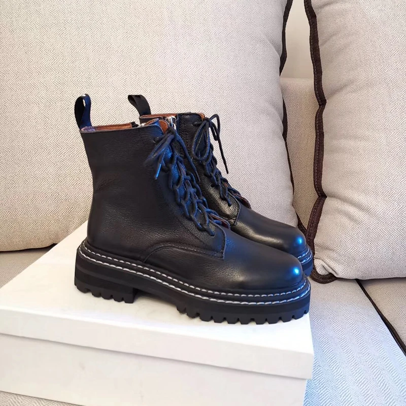 Женские мотоциклетные ботинки из натуральной кожи на низком каблуке|Женские