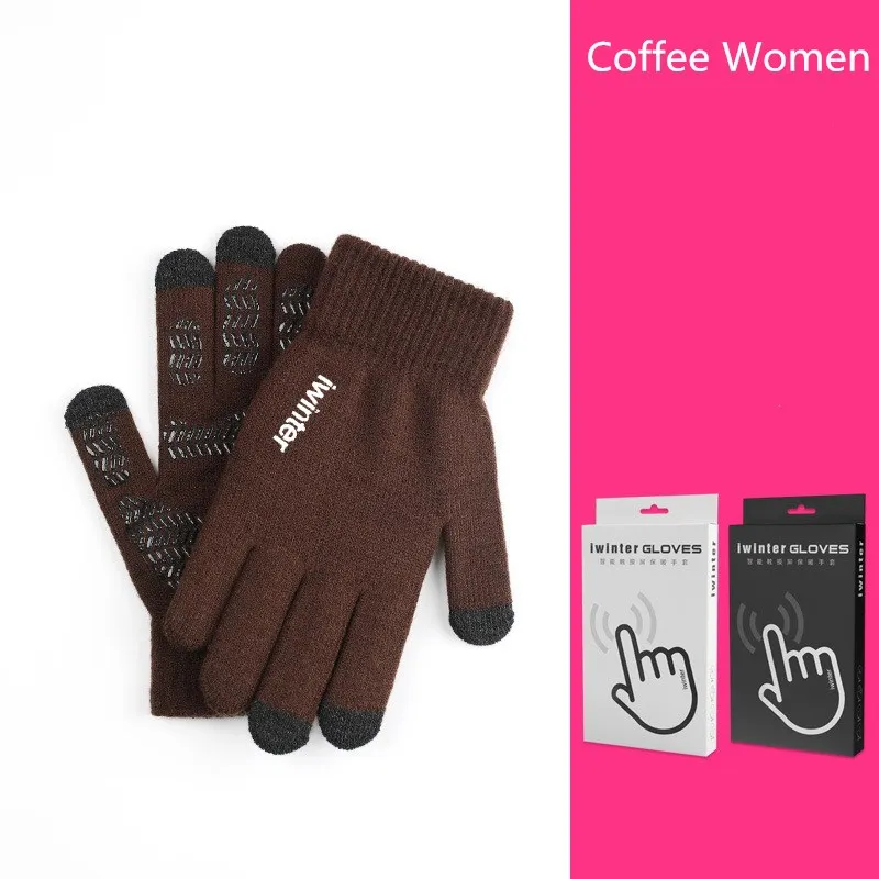 Coffee Women Fashion Touch Screen Gloves Men Women Winter Warm Knitting Mittens Anti Slip Thicken Full Finger Guantes - Цвет: Coffee Women