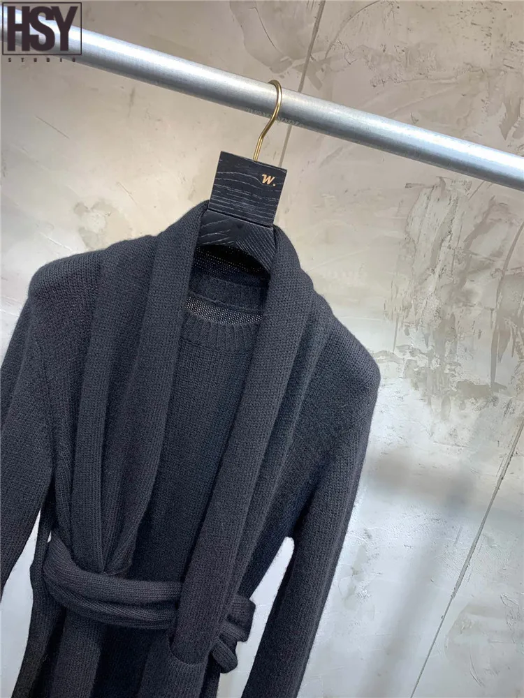 2019 Autumn Winter New Women Long Sleeve O-neck Scarf Decoration Black Loose Sweater Knit Dress | Женская одежда