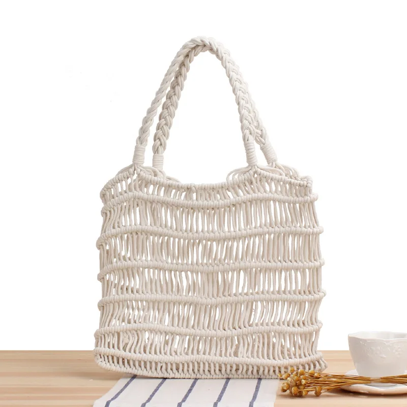 

Fashion Soft Hollow One Shoulder Portable Cotton Rope Net Hand Woven Holiday Beach Shopping Large-capacity Bag Sow
