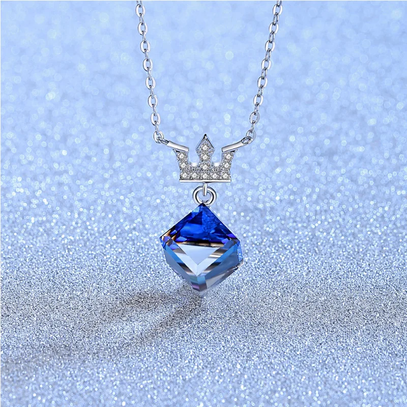 

New necklaces for women Sterling Silver Trendy Austrian Creative Crown Cube Sugar Necklace Clavicle Chain Pendant Jewelry