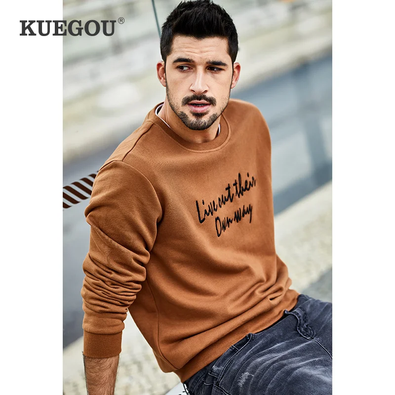 

Мужская Осенняя толстовка с капюшоном KUEGOU, черная толстовка с капюшоном, украшенная вышивкой из 100% хлопка, осень