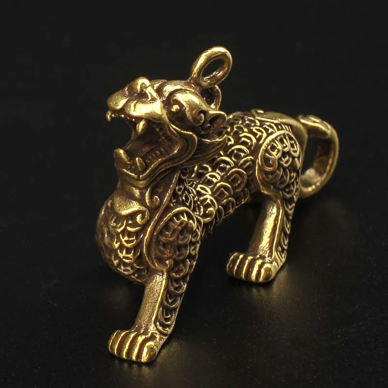 Винтажный латунный китайский старинный зверь Qilin брелок Lucky Подвески ручной