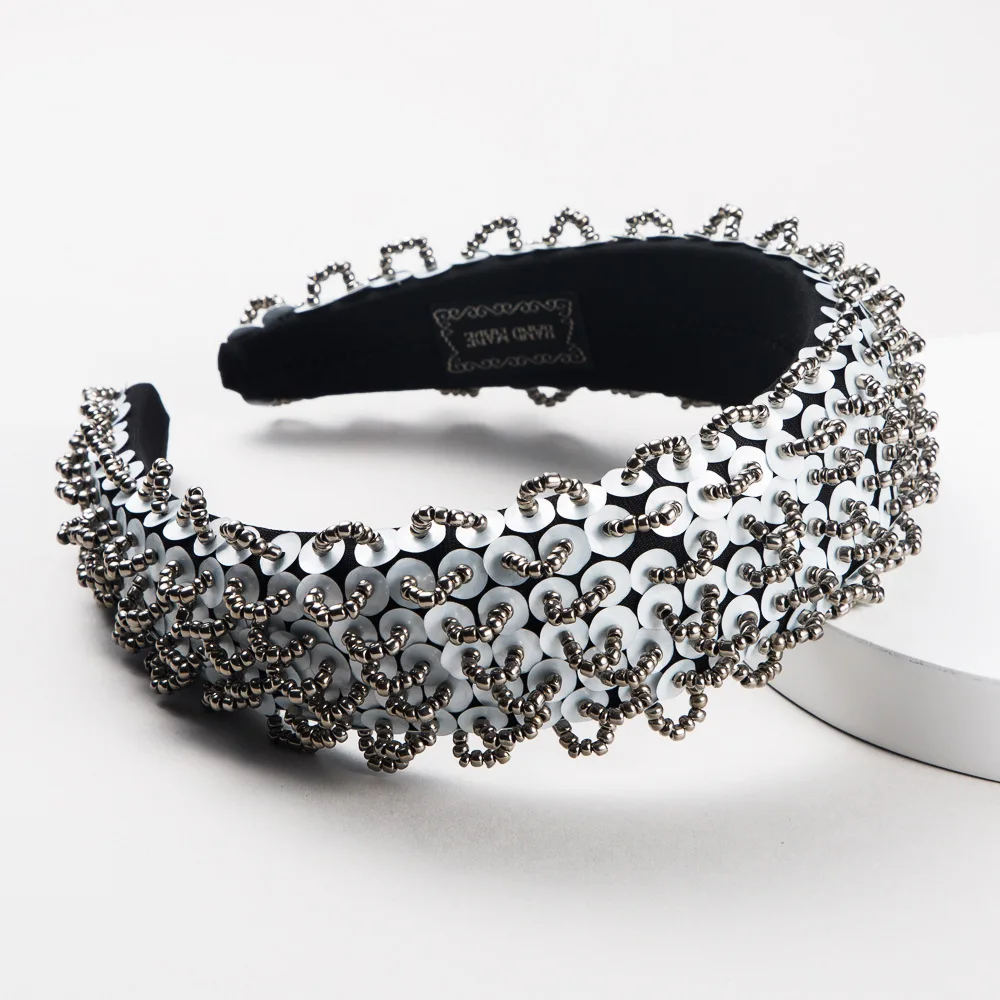 

Creative personality high-end thin sponge headband ladies handmade beaded fashion catwalk style wide-brim hairband