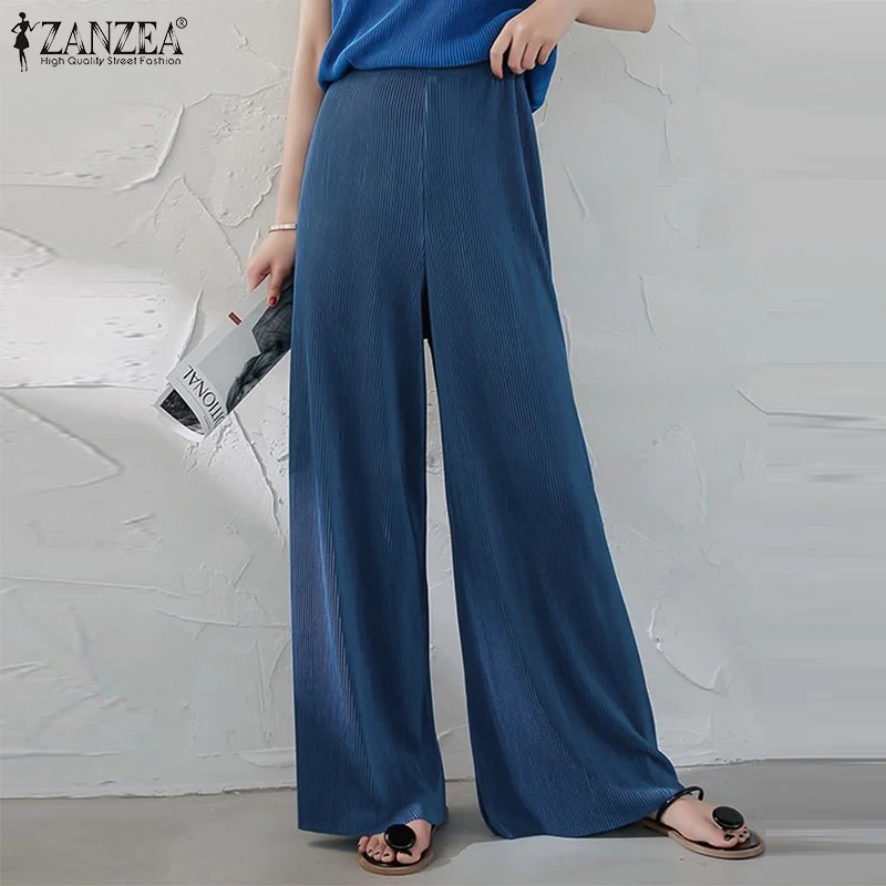 

Брюки ZANZEA женские плиссированные с широкими штанинами, стильные длинные брюки с эластичным поясом, повседневные однотонные с принтом палац...