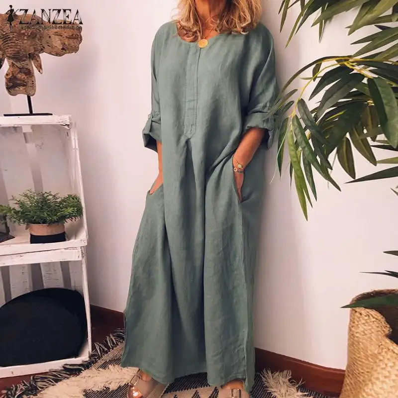 Повседневное одноцветное платье макси Осенняя женская обувь сарафан ZANZEA 2021 в