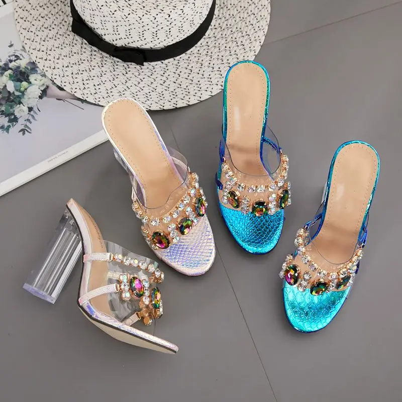 

Ladies Slippers Heels Rhinestone Transparent Sandals Women Summer Nice Wedding Crystal Shoes Mules Chunky Heel Peep-Toe Size 43