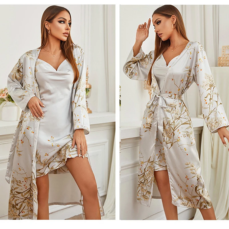 

Sexy 2PC Robe Sleep Suit Womens Satin Pajamas Gown Set Cami Nighties Wear Pijama Home Nightwear Nightdress Robe Bath Sleepshirts
