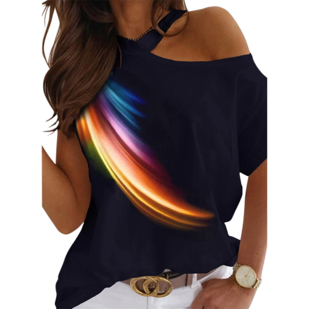 

Women Summer Casual Tops Gradient Aurora Print One Shoulder T-Shirt Female Fashion Irregular Short Sleeve Black Tee Shirt