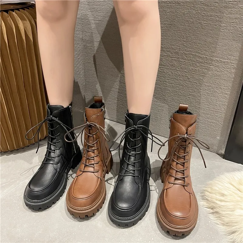 

Fashion Thick Bottom Plus Velvet Warm Thin Handsome Short Boots Women Martin Boots Women Fall/winter 2021 New British Style.