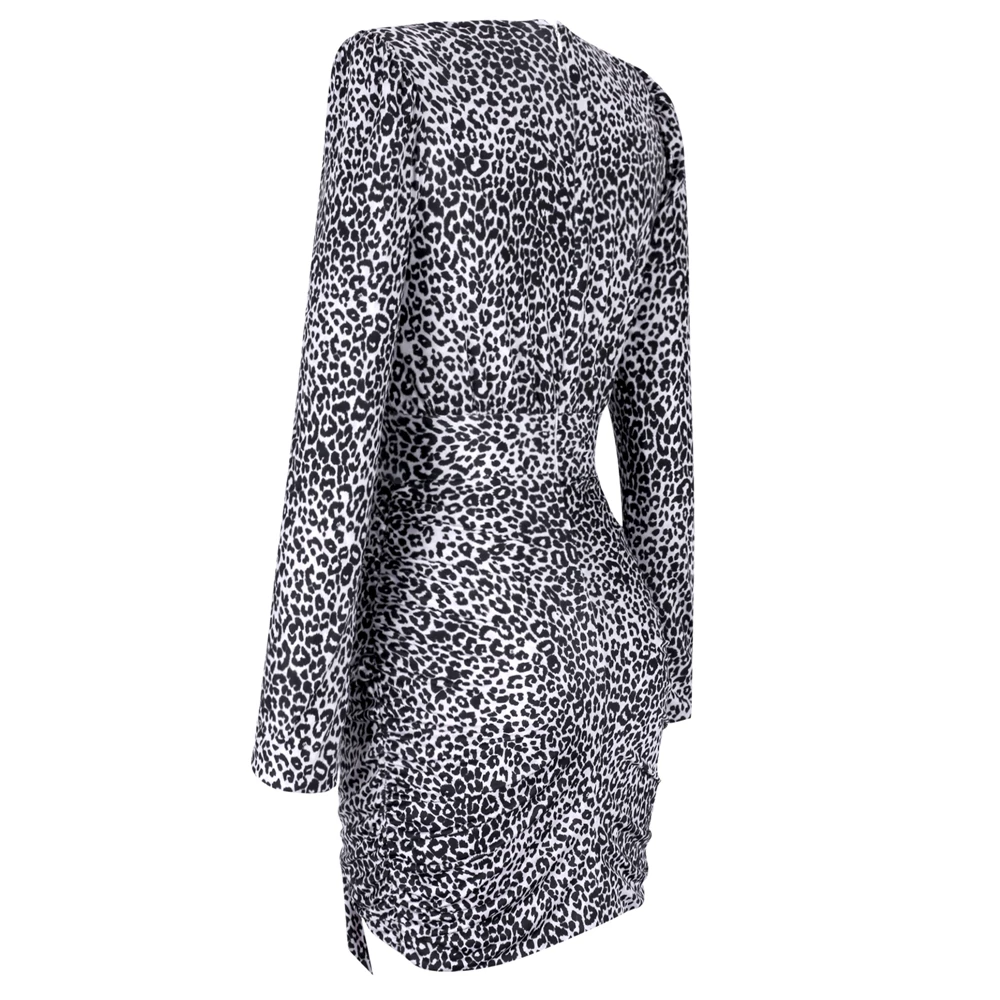 Ocstrade черный V шеи с длинным рукавом Мини Леопард Bodycon платье HI1060-Black