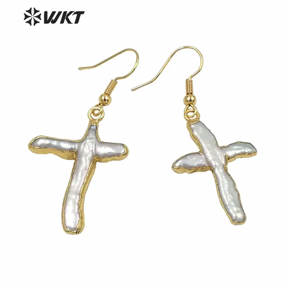 NEWEST! Natural white cross stone earrings with 24K  gold plasted on edged  WT-E082