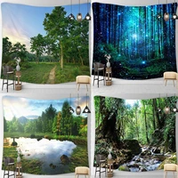 forest mountain river lake sky green nature cool hanging trippy tapestry wall handmade decor art bedroom living room dorm