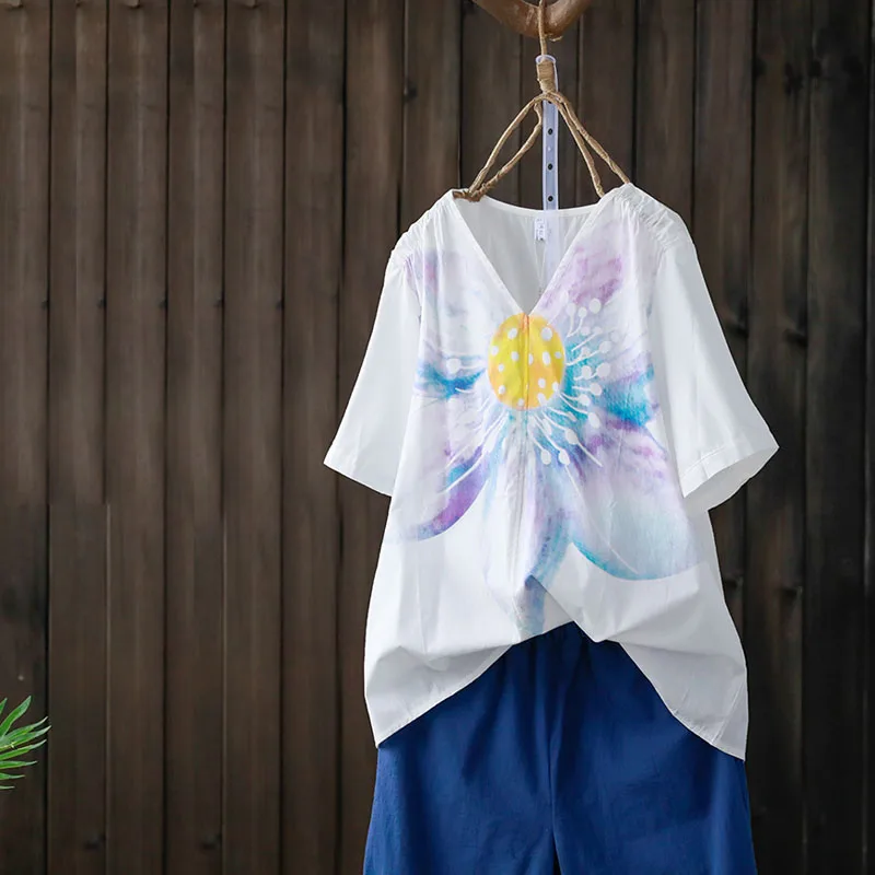 Boho размера плюс цветочный хлопковый льняной Топ Женские топы и блузки с коротким