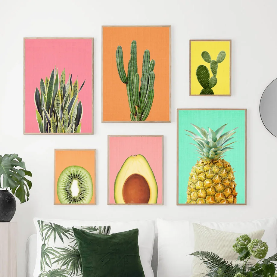 

Tropical Leaf Cactus Poster Nordic Wall Art Canvas Painting Fruit Avocado Kiwi Pineapple Picture Modern Home Living Room Decor