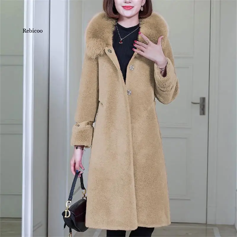 

Mid-Length Wool Grain Coat Fur Women Autumn Winter New Cashmere Gold Mink Fur One Fox Fur Sheep Shearing Jacket Tide