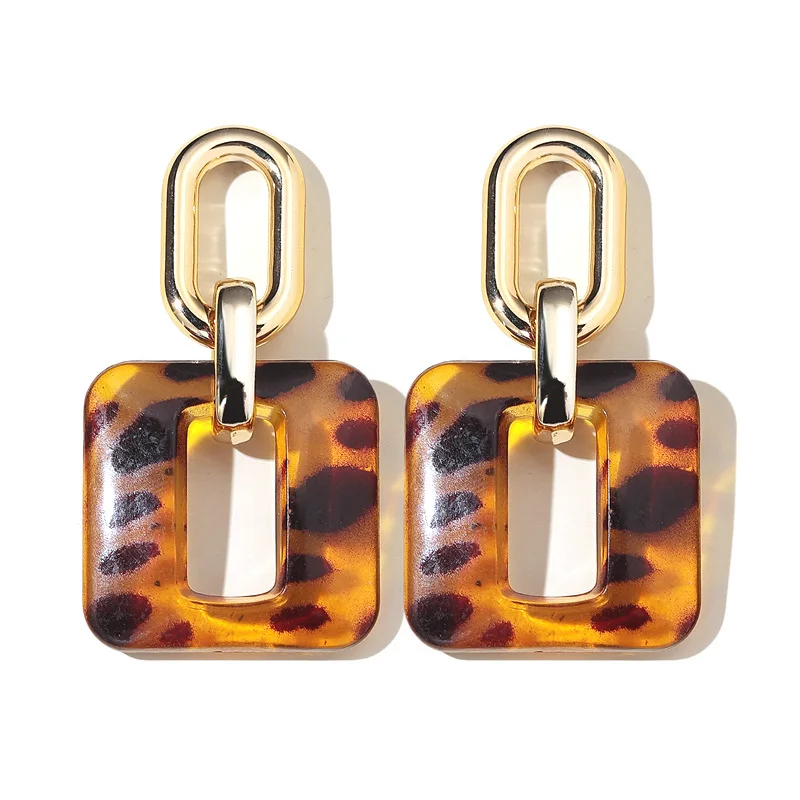 

Vintage Resin Acrylic Hollow Geometric Round Square Oval Leopard Print Chain Drop Earrings For Women Girl Autumn Winter Jewelry