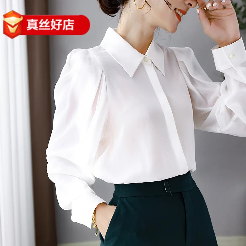 

Белая женская шелковая блузка высокого качества с длинным рукавом фонарик оверсайз пикантная модная повседневная офисная одежда рубашки П...